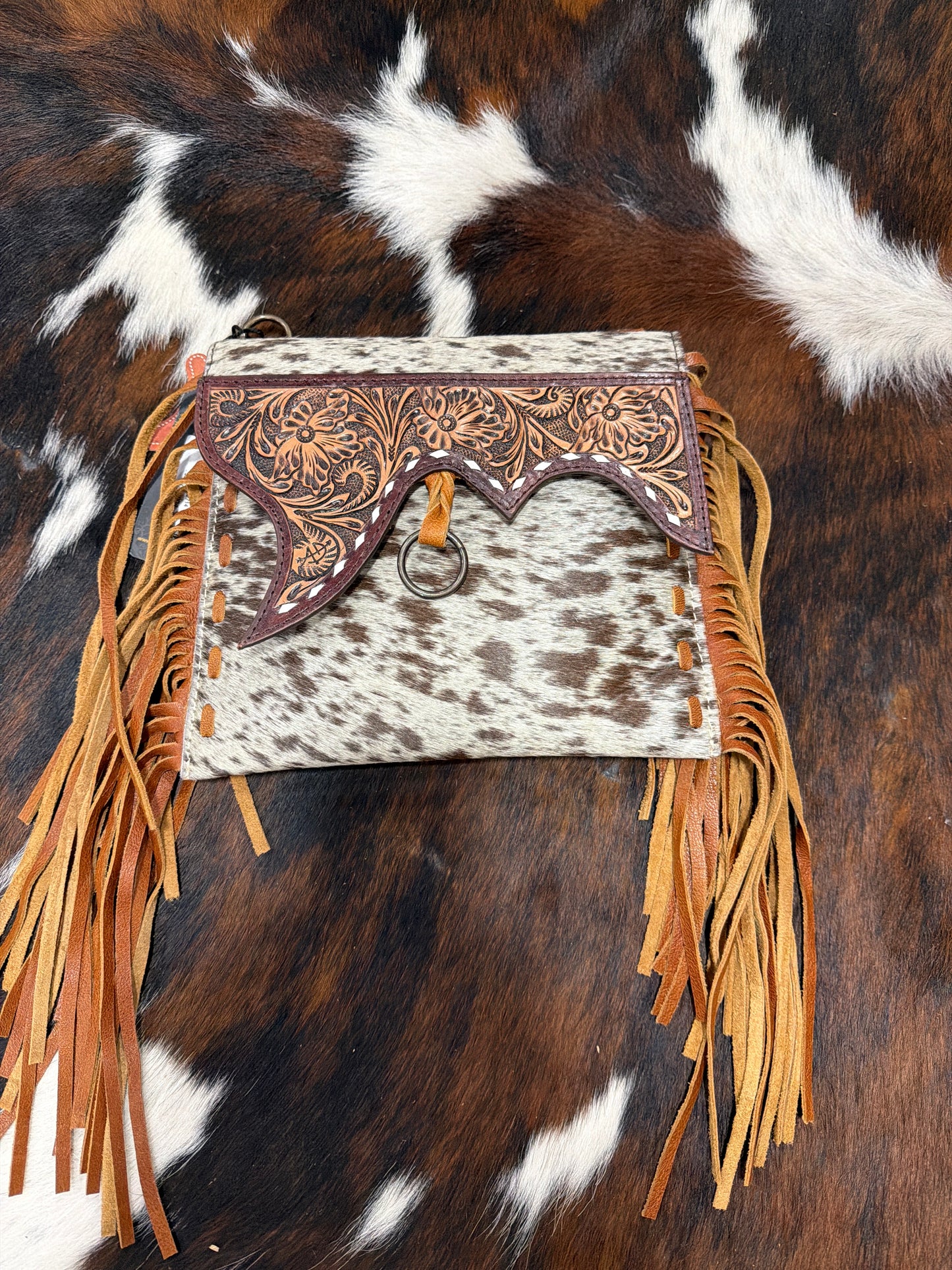 ADBG1589 American Darling Hair-On Cowhide Western Leather Wristlet Bag with Tooled Floral Detailing & Fringe: ADBG1589 2