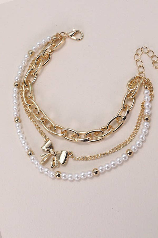 BOW PEARL LINK TRIO SET BRACELETS | 80B146: GOLD
