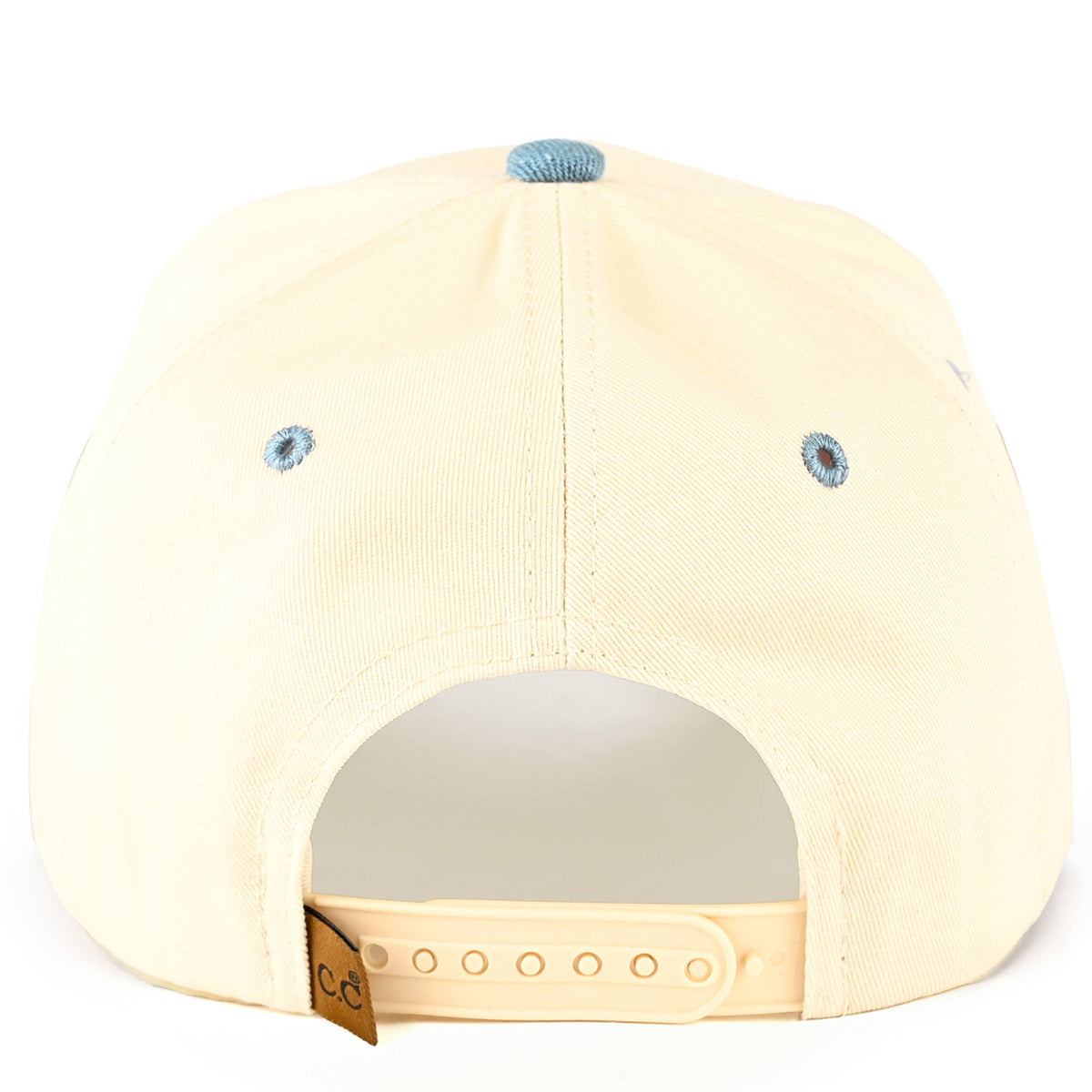 C.C RODEO Letter Embroidered Snapback Trucker Hat: Light Denim