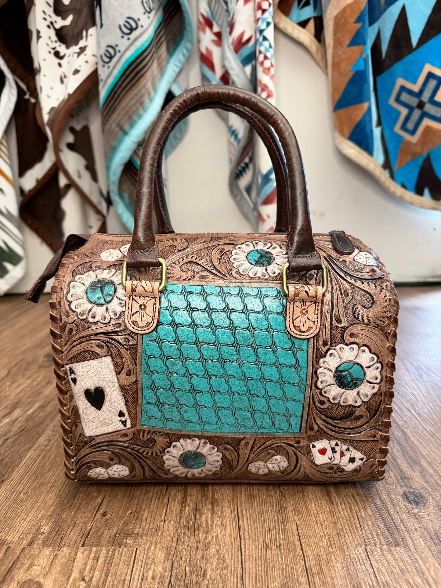 Aces Turquoise Tooled Leather Western Speedy Purse   : Small