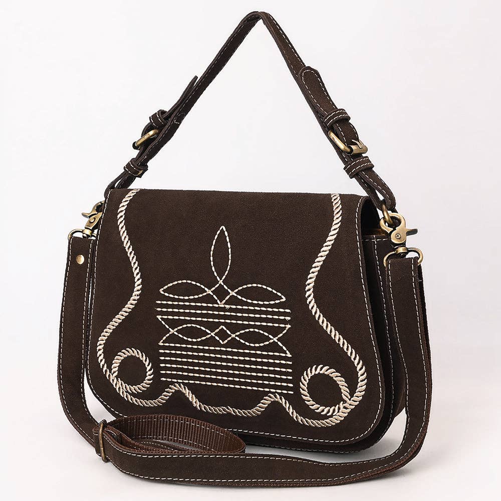 Dark Brown Crossbody Genuine Western Suede Leather women bag: ADBGA670B