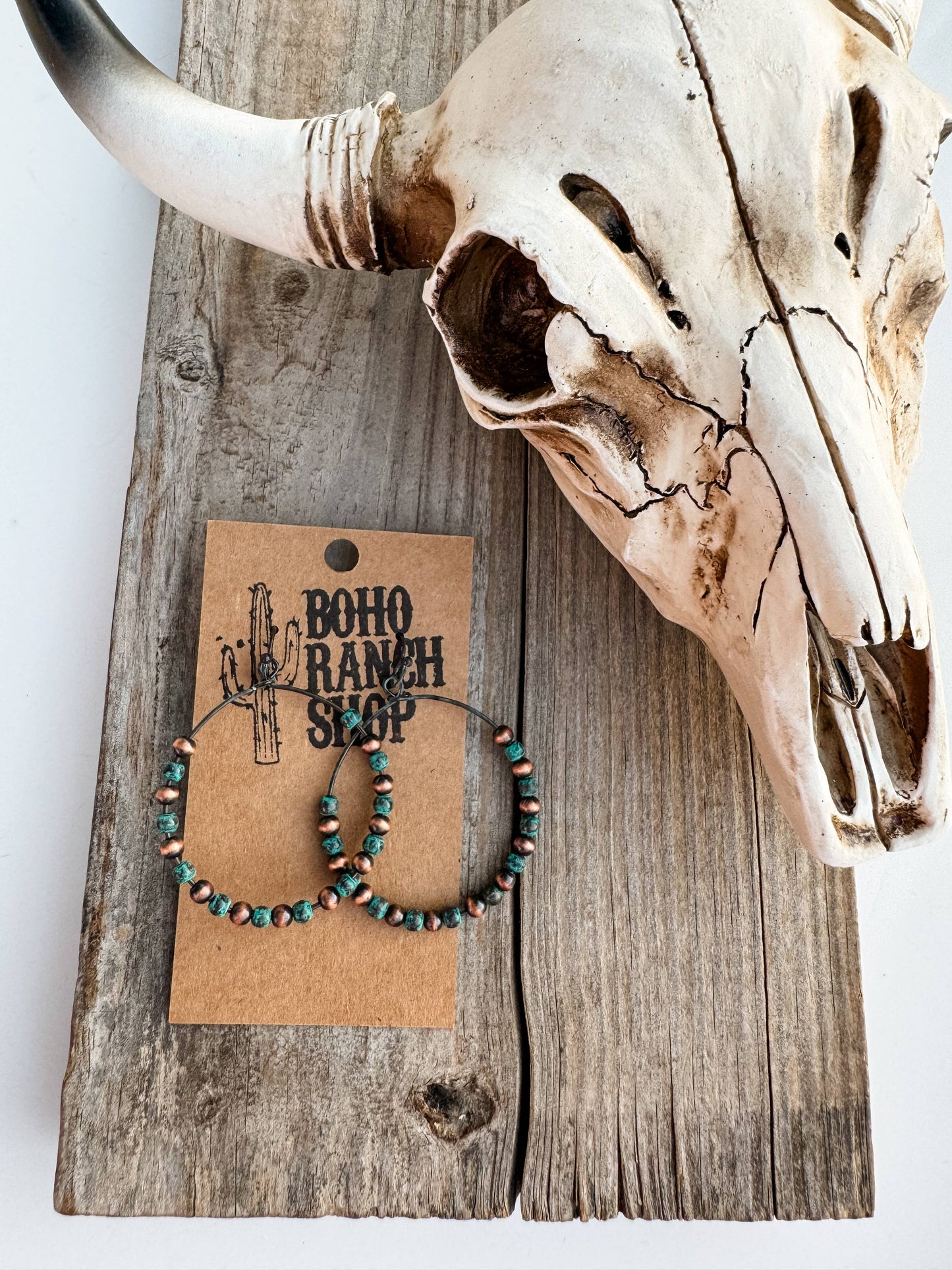 Navajo Style Pearl Round Dangle Earrings: Patina - Turquoise