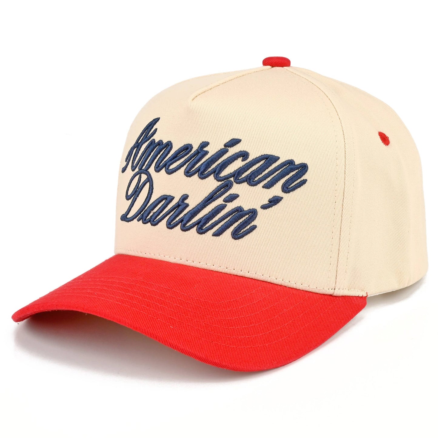 C.C AMERICAN DARLIN' Letter on Two Tone Trucker Hat: Red