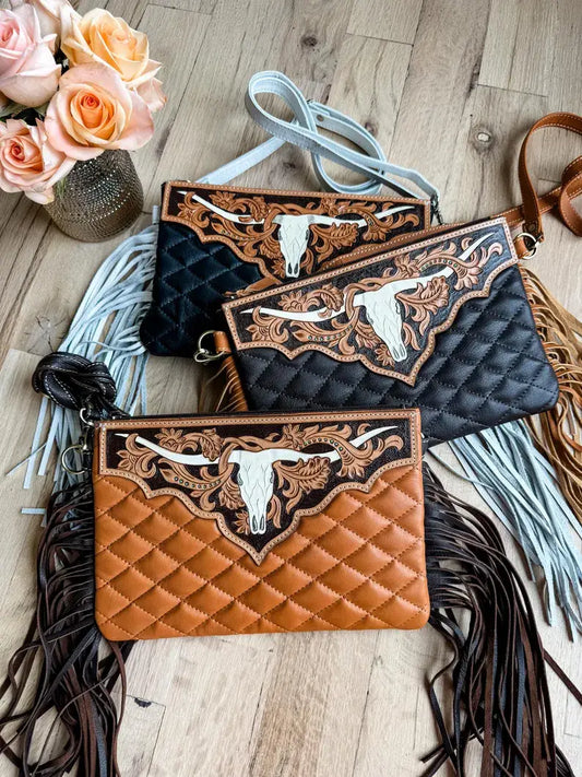 LAINEY CROSSBODY steer longhorn -quilted leather purse bag: BLACK