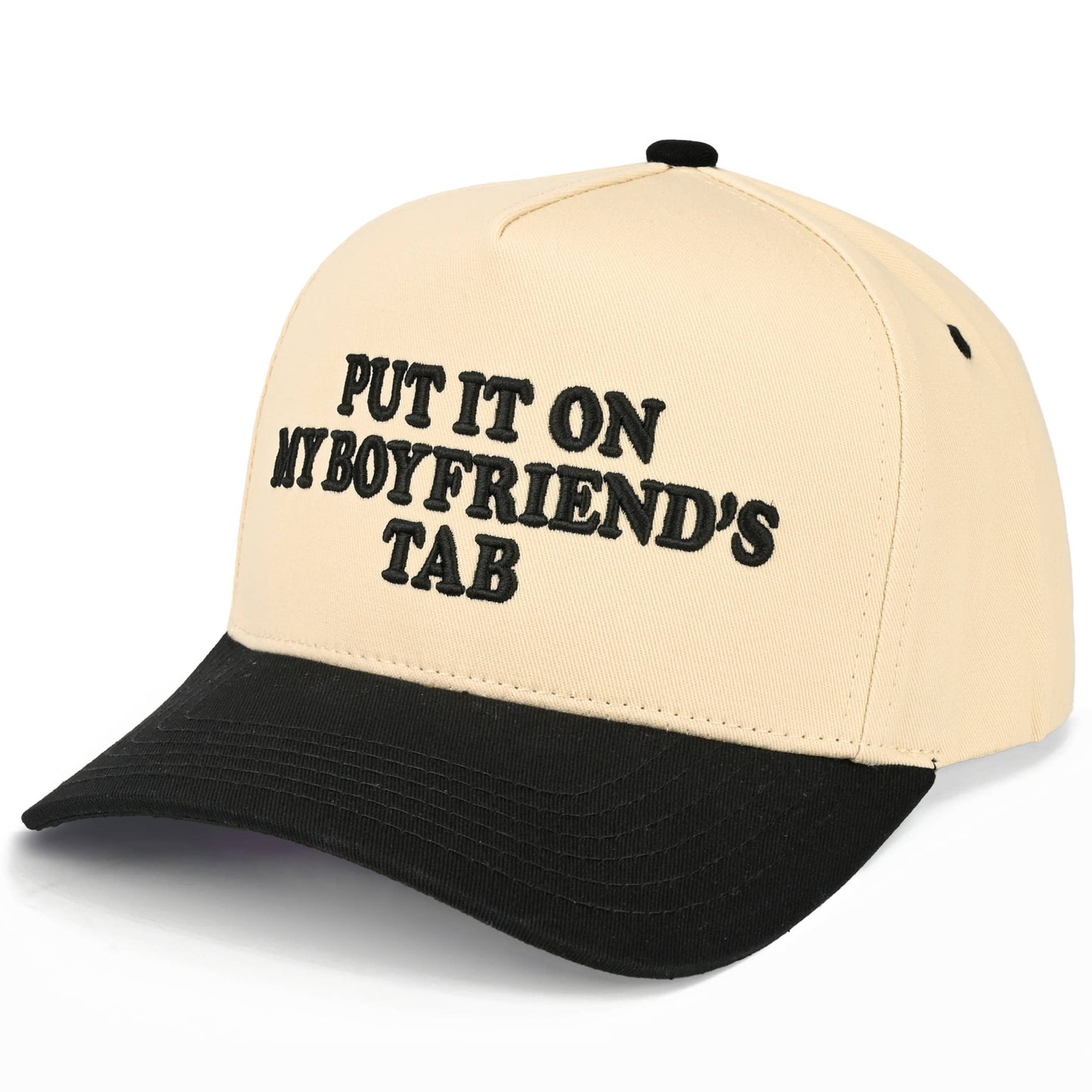 C.C PUT IT ON MY BOYFRIEND'S TAB Letter Two Tone Trucker Hat: Black