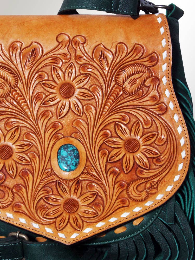LC-ADBGZ483 Tan & Green Tooled Leather Messenger Bag - Floral Design with Turquoise Accent and Fringe: ADBGZ483