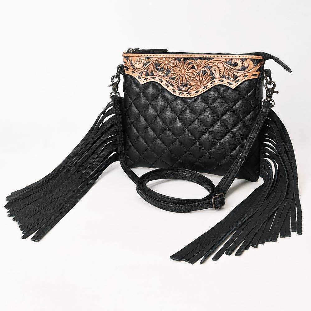 ADBG1683 American Darling Quilted Leather Crossbody Black | Tooled Flap Fringe Purse: ADBG1683