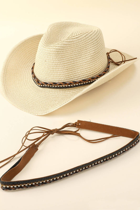 Western Rhinestone Braided Leather Hat Band