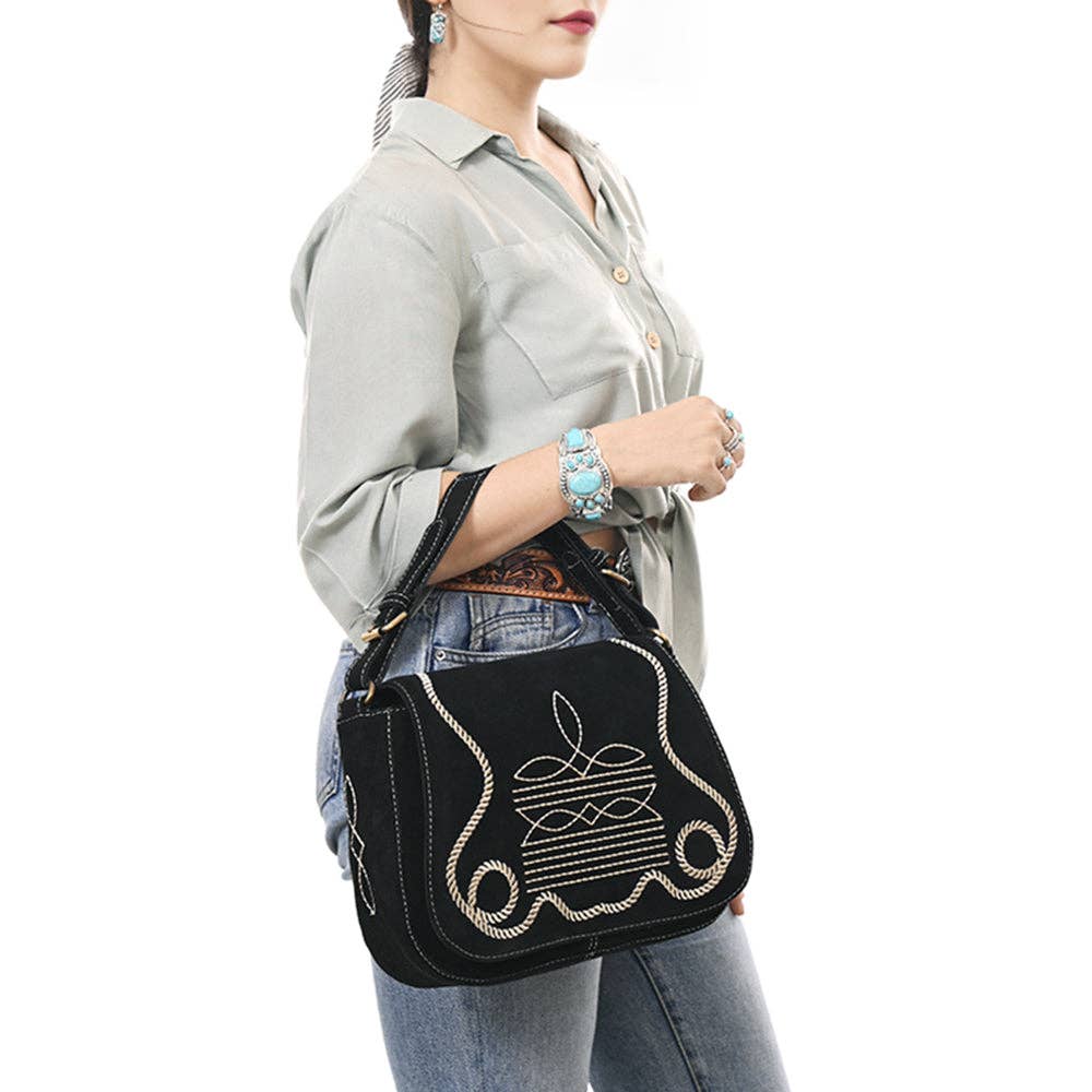 Black Crossbody Genuine Western Suede Leather women bag: ADBGA670A