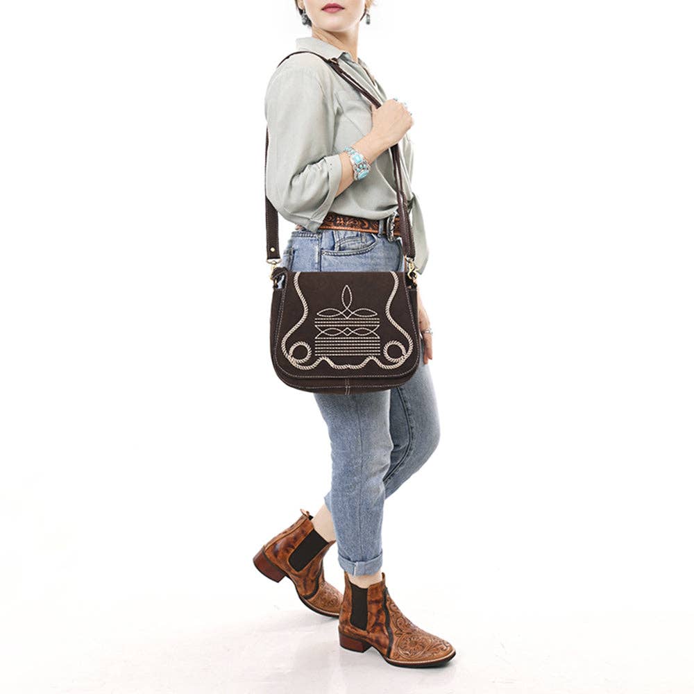 Dark Brown Crossbody Genuine Western Suede Leather women bag: ADBGA670B