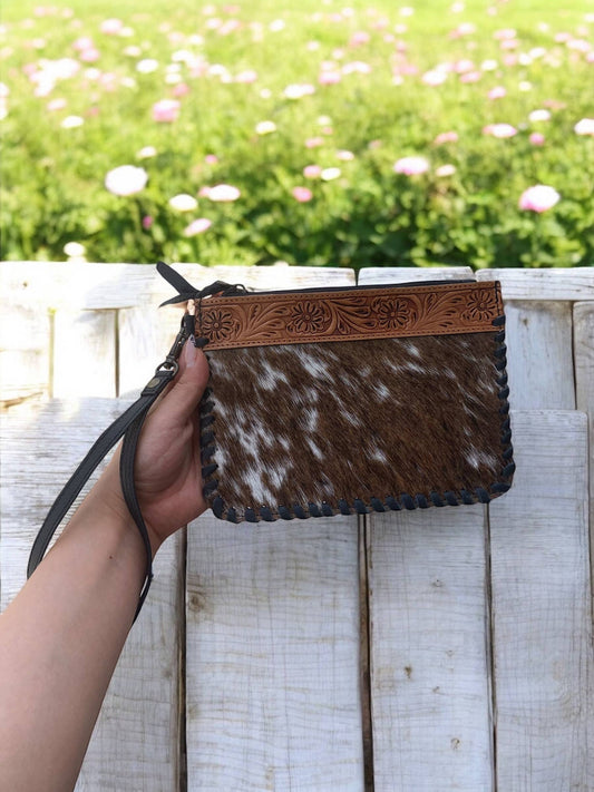 Tooled Leather & Cowhide Wristlet