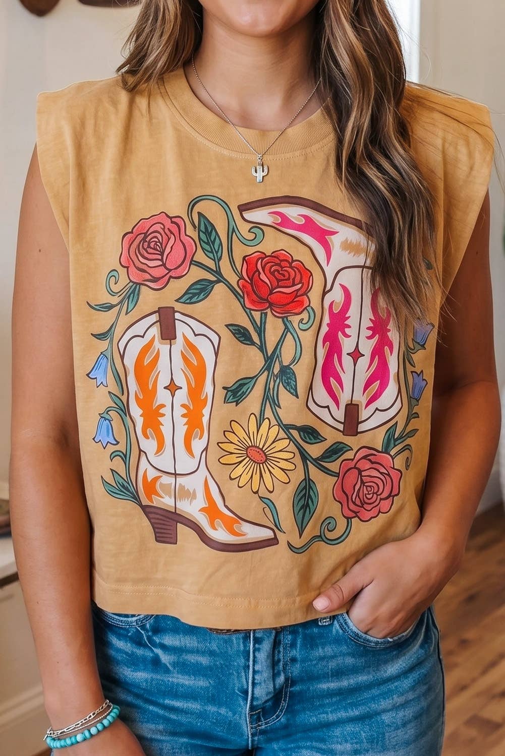 LDC Western Floral Print Sleeveless Round Neck Fit Top: Camel