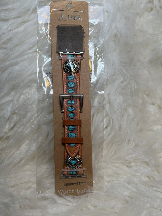 Learher Concho Apple Watch Band - Brown with Turquoise