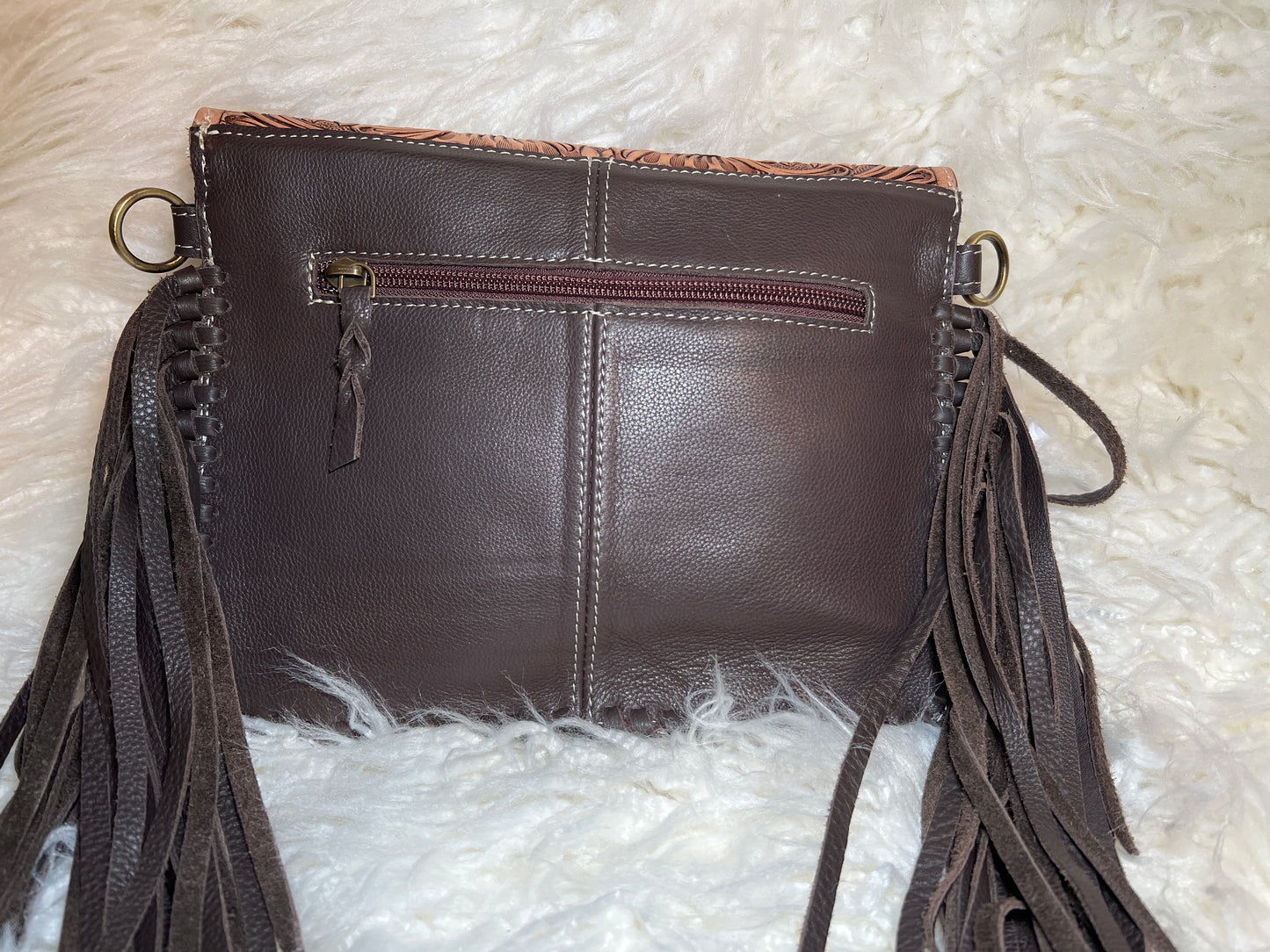 Cowhide Crossbody with Fringe - Brown Leather