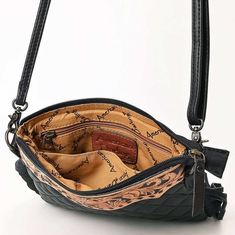 ADBG1683 American Darling Quilted Leather Crossbody Black | Tooled Flap Fringe Purse: ADBG1683