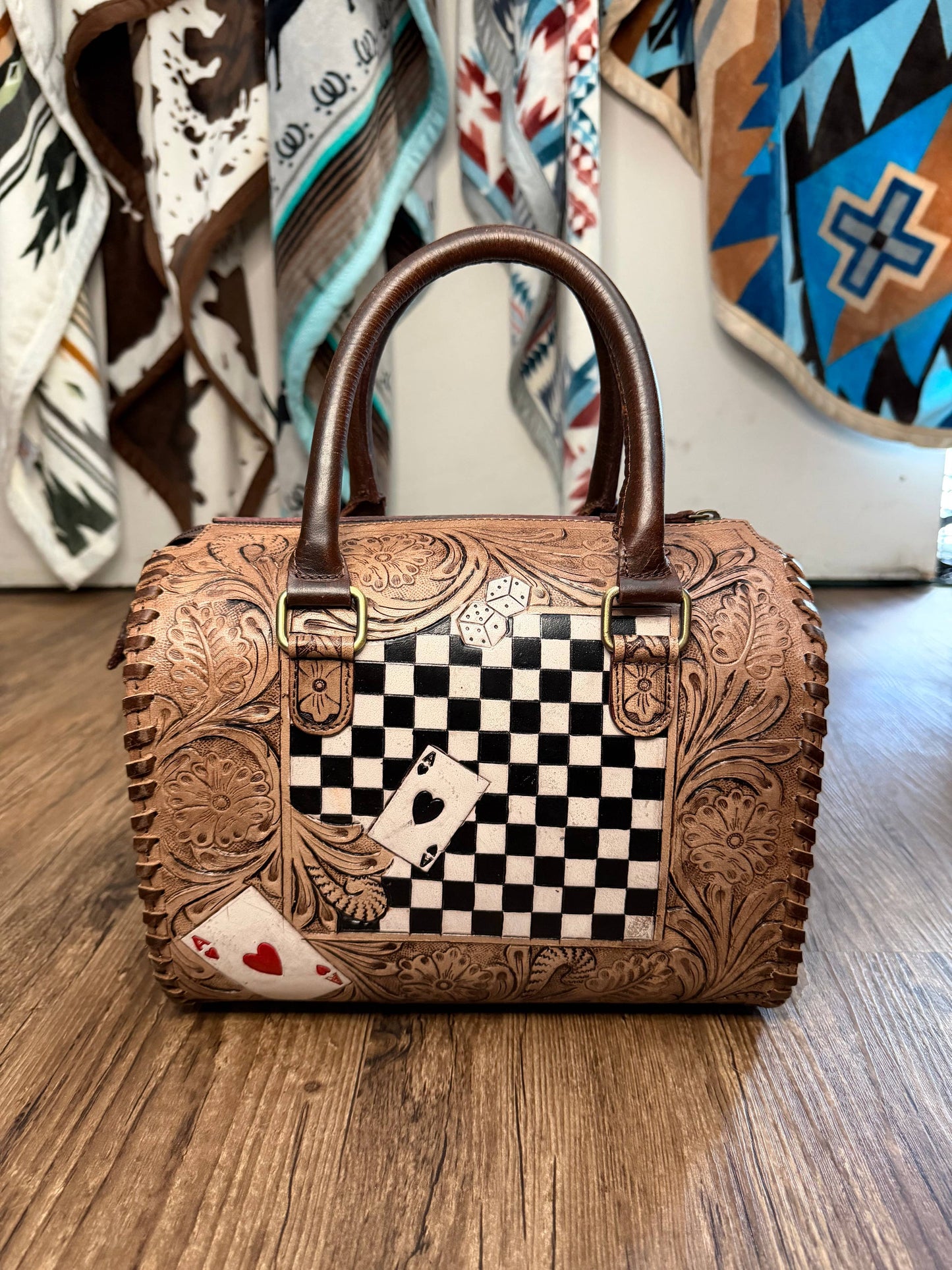 Aces Checkered Tooled Leather Western Speedy Purse   : Medium