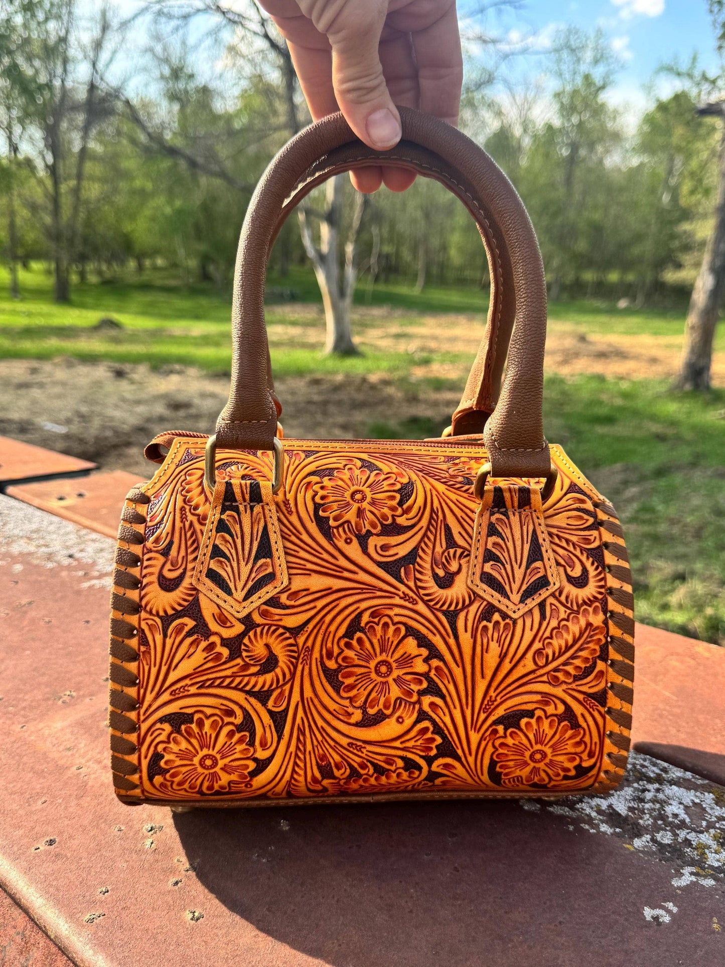 Sorrel Sunset Speedy Western Genuine Leather Barrel Bag Purse: Medium