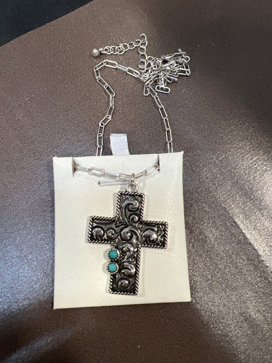 Silver Cross Necklace with Turquoise Stones