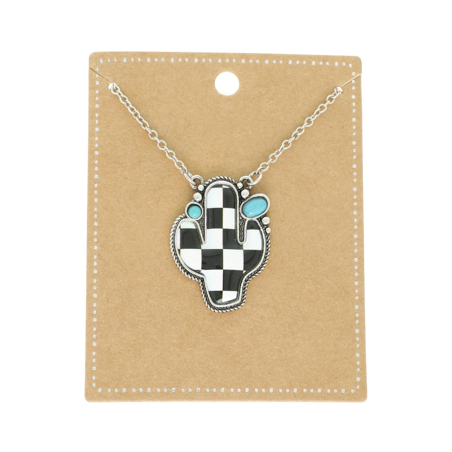 Western Checkerboard Cactus Pendant Necklace