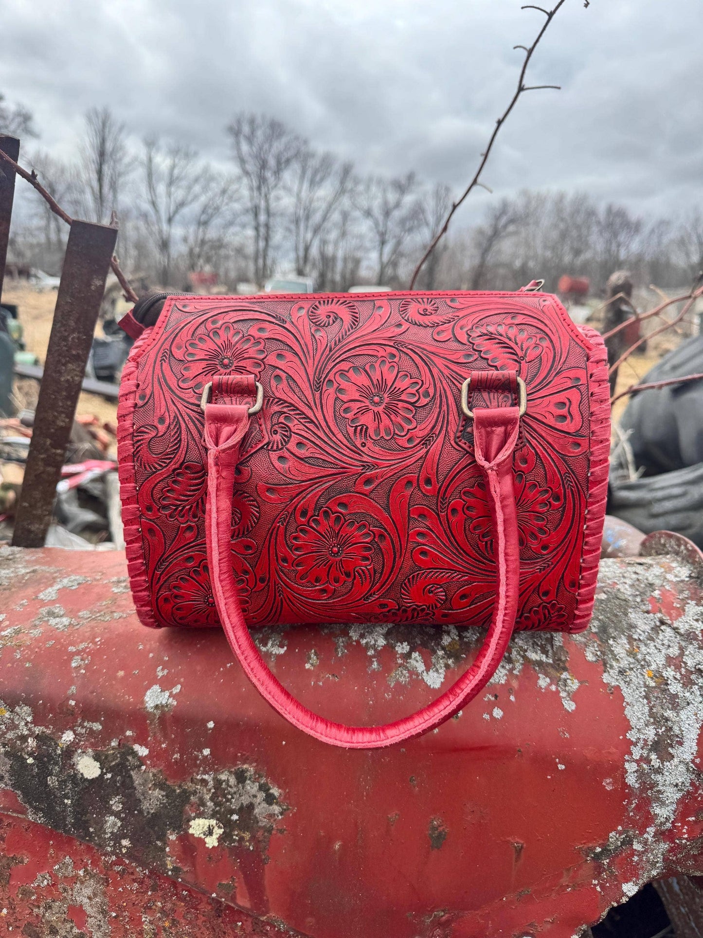 Deep Cherry Red Speedy Western Genuine Leather Barrel Bag Purse: Medium