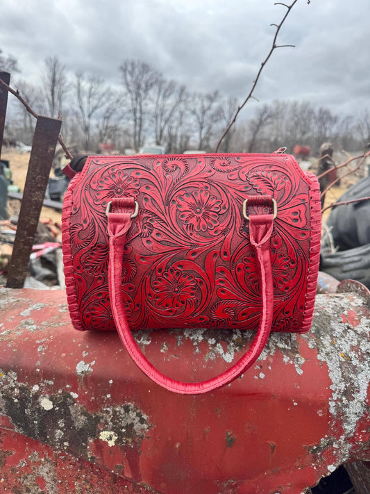 Deep Cherry Red Speedy Western Genuine Leather Barrel Bag Purse: Medium