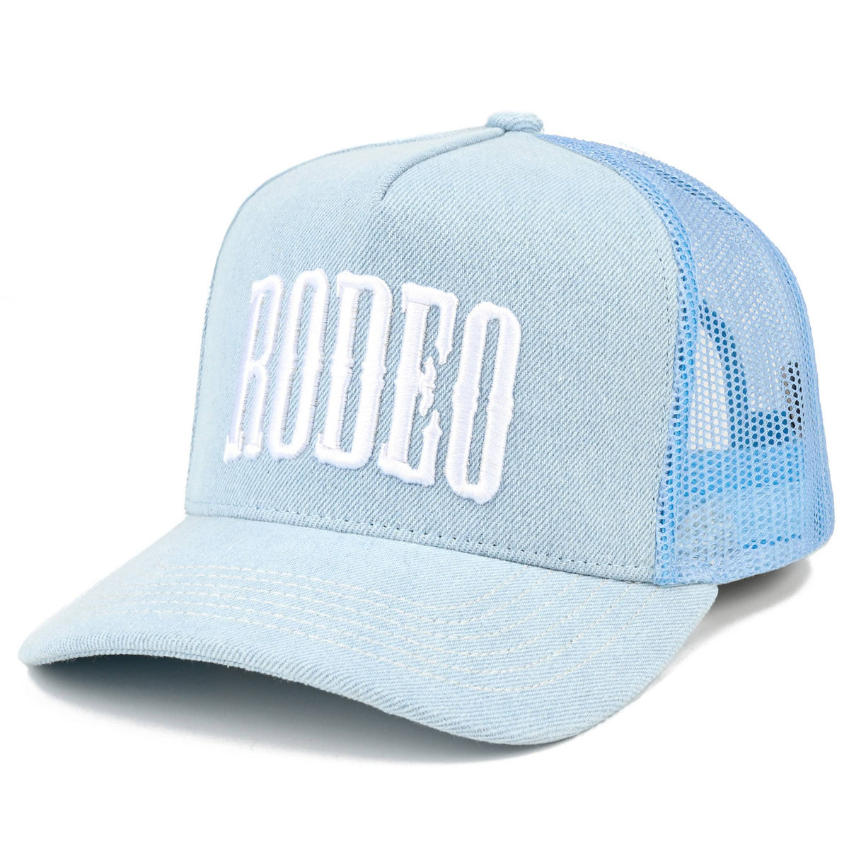 C.C RODEO Letter Embroidered Snapback Trucker Hat: Light Denim
