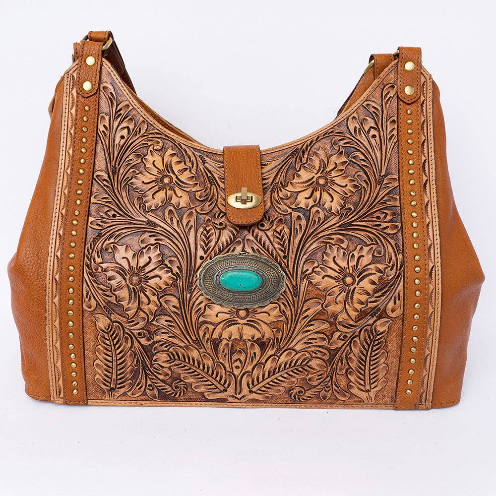 TurquoiseAmerican Darling Tooled Leather Hobo Bag with Concho & Studded Trim