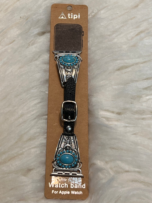 Silver and Turquoise Concho Apple Watch Band - Blk band