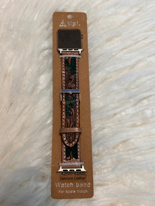 Brown Tooled Leather Watch Band with Green Cactus