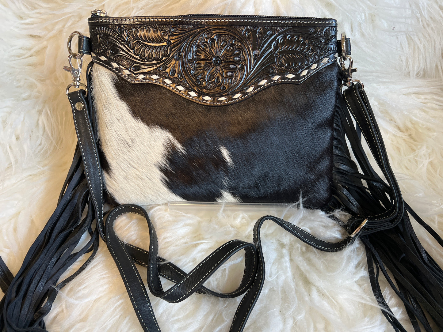 Cowhide Crossbody with Fringe - Black Leather