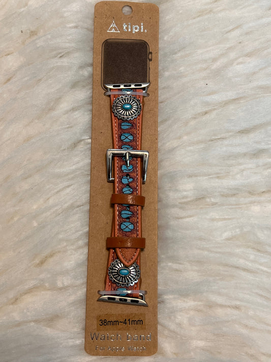 Leather Concho Apple Watch Band - Brown with Turquoise