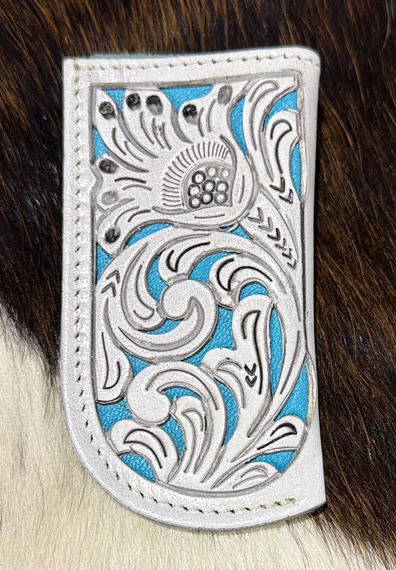 Leather Pocket Knife Sheath Genuine Leather Case Pocket: White with Turquoise