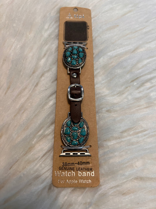 Turquoise Concho Apple Watch Band - Brown strap