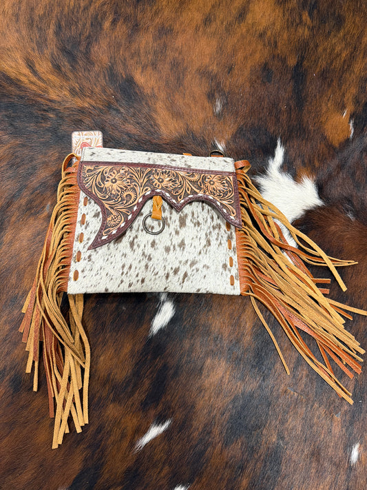 ADBG1589 American Darling Hair-On Cowhide Western Leather Wristlet Bag with Tooled Floral Detailing & Fringe: ADBG1589 1