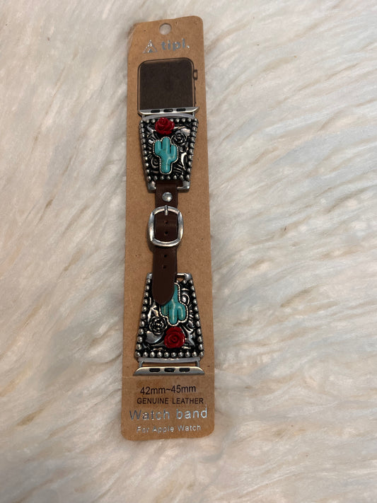 Turquoise Cactus with Red Rose Apple Watch Band - Brown strap