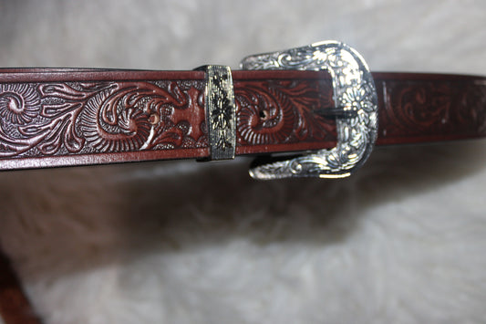 Hand Tooled Leather Belt with Silver Buckle - Dark Brown