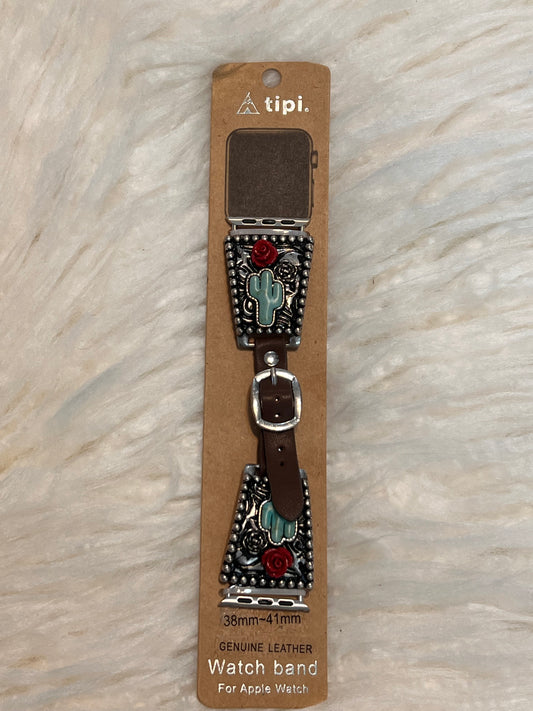 Turquoise Cactus with Red Rose Apple Watch Band - Brown strap