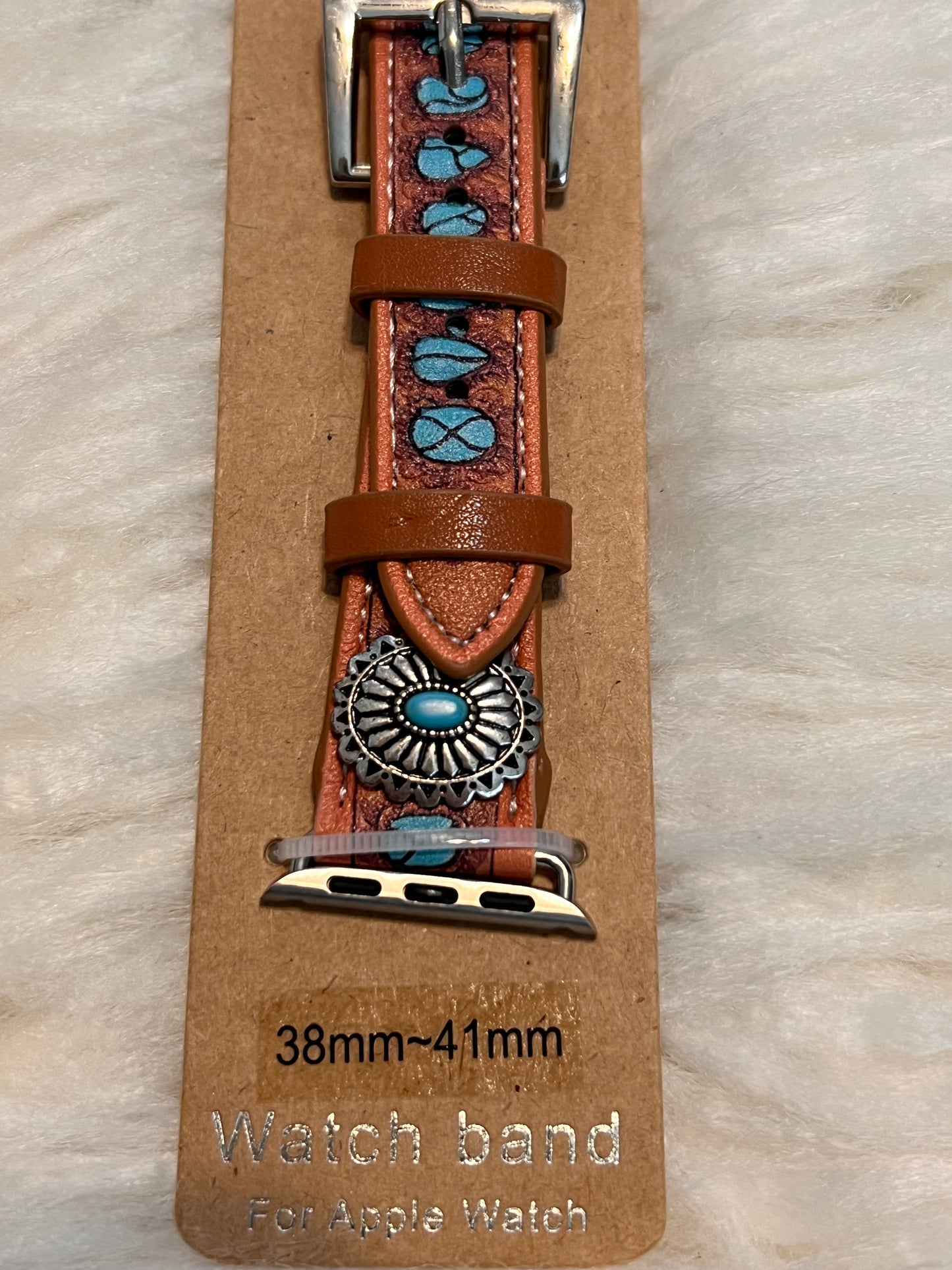 Leather Concho Apple Watch Band - Brown with Turquoise