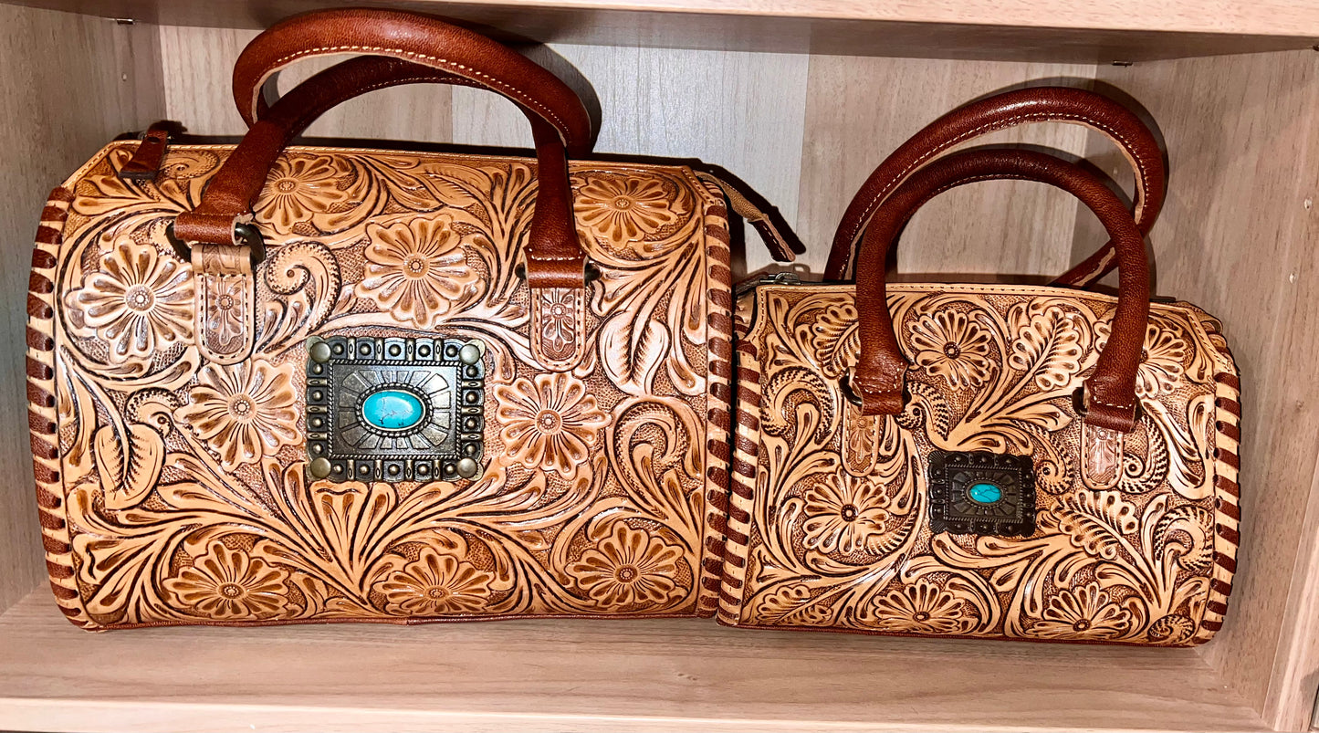 TAN CONCHO TOOLED LEATHER SPEEDY BAG SMALL