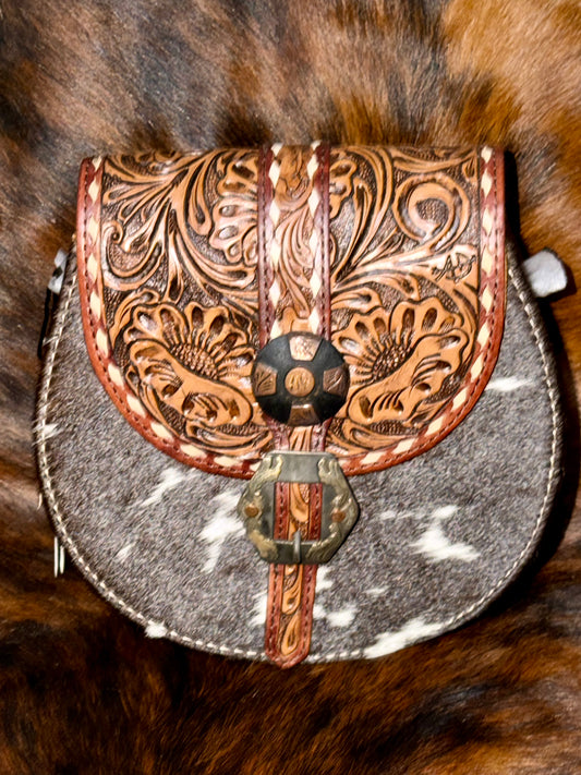 American Darling Canteen Western Hair-On Hide Crossbody with Tooled Accents and Adjustable Strap: ADBG1222A