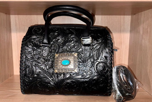 BLACK CONCHO TOOLED LEATHER SPEEDY BAG MEDIUM