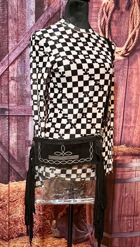 Clear Crossbody Bag with Genuine Leather - Black Boot-stitch and Fringe