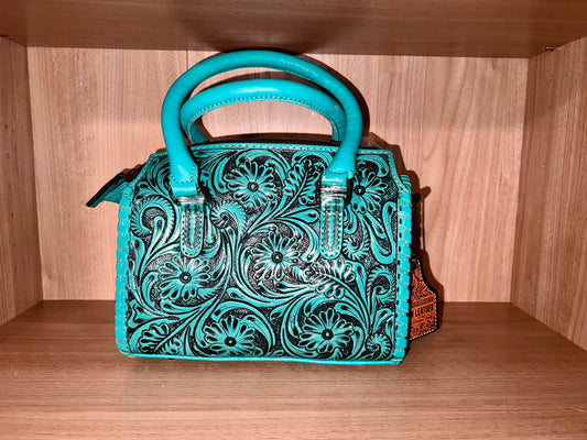 TURQUOISE FLORAL TOOLED LEATHER SPEEDY DUFFLE BAG SMALL