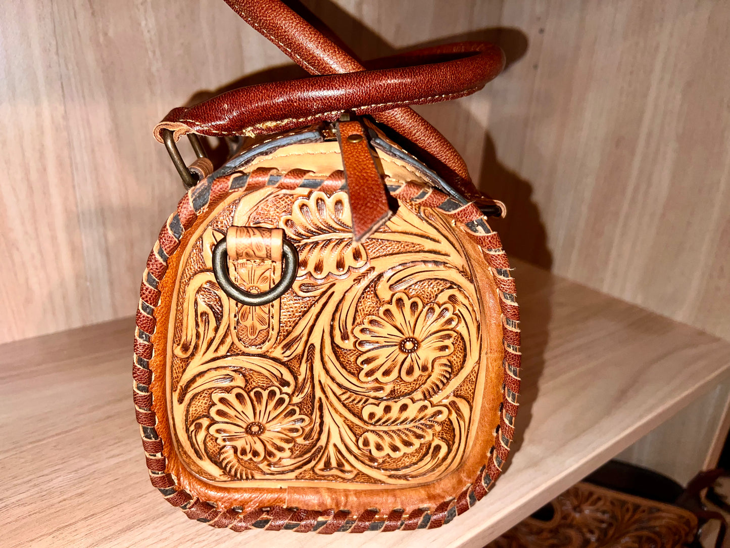 TAN CONCHO TOOLED LEATHER SPEEDY BAG SMALL