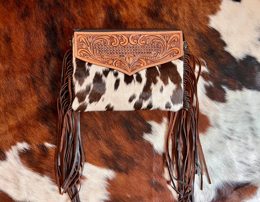 Cowhide Crossbody with Fringe - Brown Tooled Leather 2