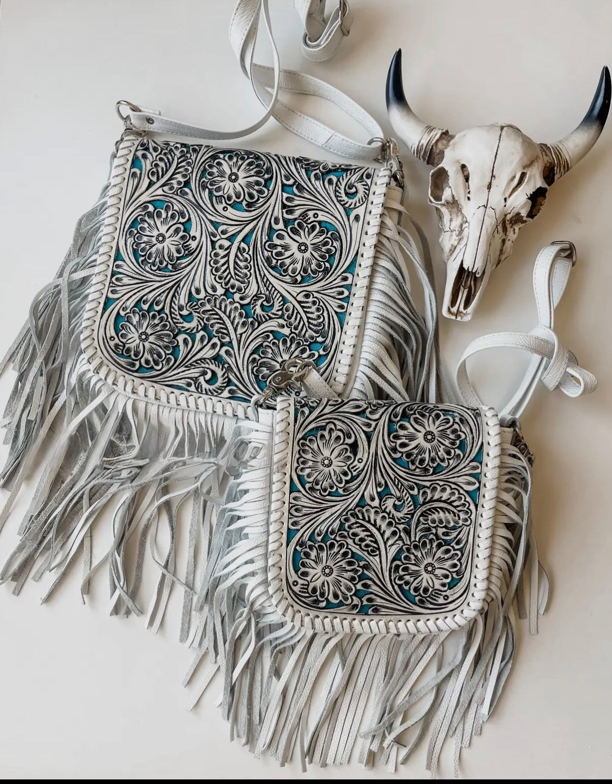 Large Lexie Crossbody- White-Lasercut Fringe Crossbody Purse - Tan or Turquoise Inlay
