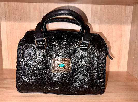 BLACK CONCHO TOOLED LEATHER SPEEDY BAG SMALL