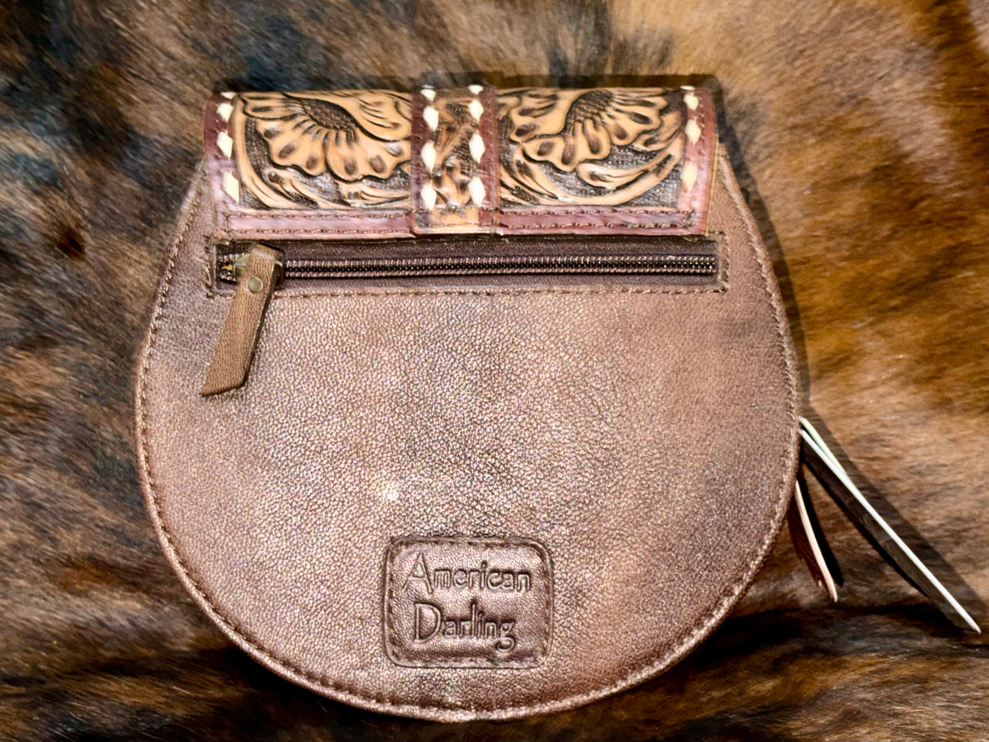 American Darling Canteen Western Hair-On Hide Crossbody with Tooled Accents and Adjustable Strap: ADBG1222B
