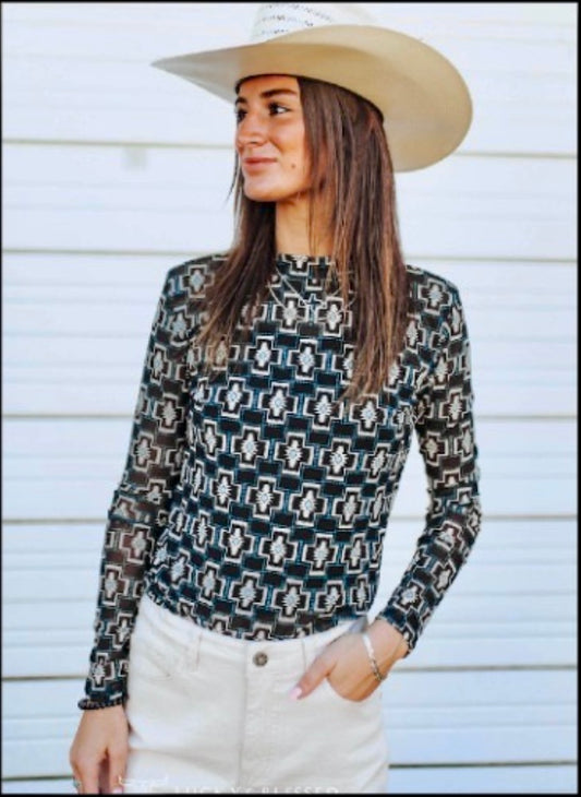 BLACK AZTEC LONG SLEEVE MESH TOP