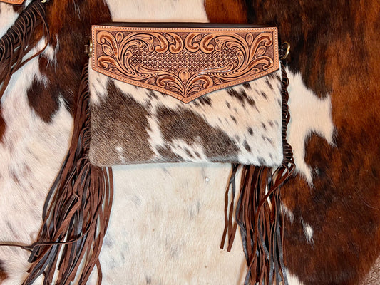 Cowhide Crossbody with Fringe - Brown Tooled Leather 1
